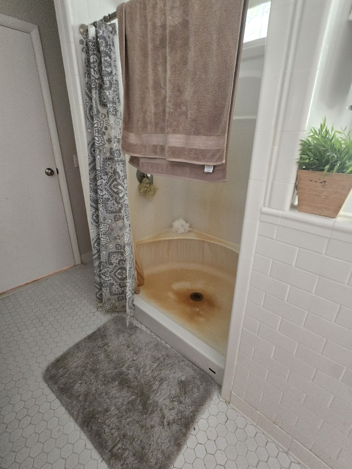 Before cleaning: shower with orange-brown discoloration on the floor and lower walls